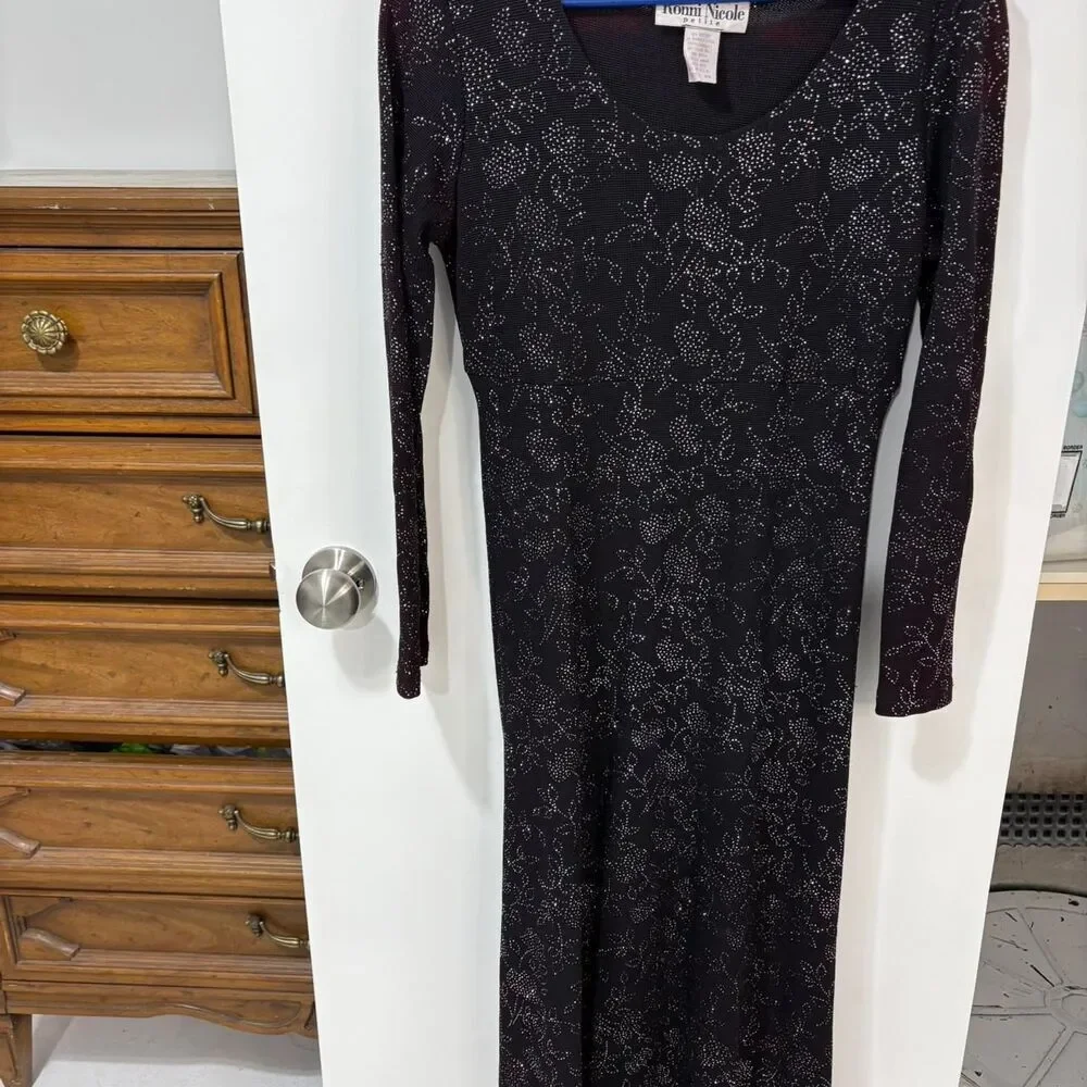 Vintage Ronni Nicole Women's Black Dress Rhinestones‎ Shoulder Pads USA